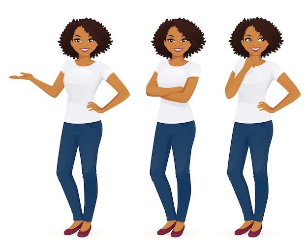 Woman in jeans standing in different poses isolated