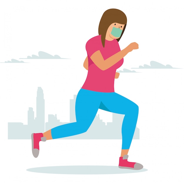 A woman jogging alone outside while keep using medical mask