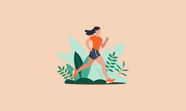 Vector a woman jogging outdoors surrounded by nature and greenery elements