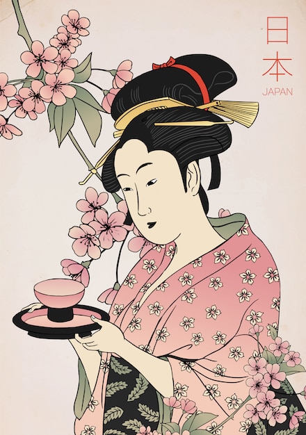 Woman in a Kimono holding a teacup. Traditional Japanese style. Geisha costume.