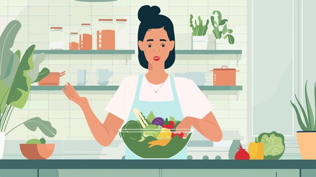 Vector a woman in a kitchen with a bowl of vegetables