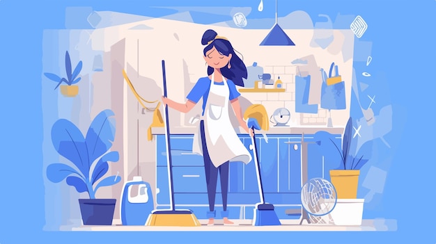 a woman in a kitchen with a broom and a mop