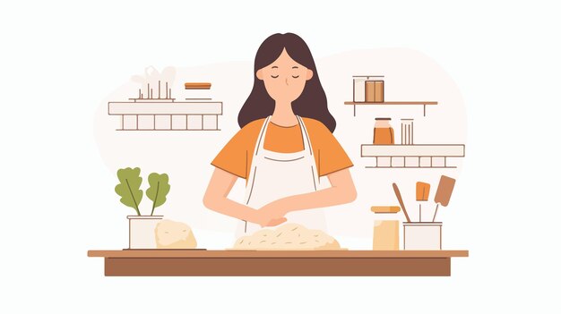 Vector woman kneading homemade dough for baking bread