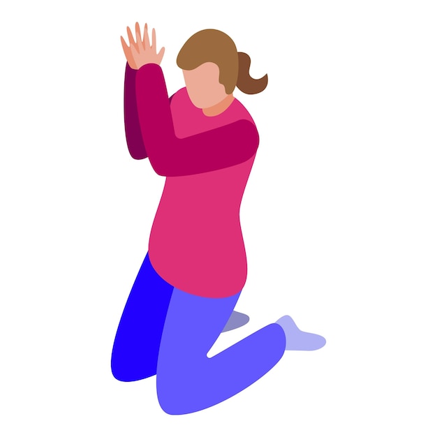 Woman kneeling with hand raised in isometric design