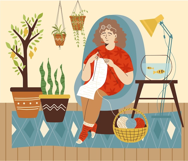 Woman knitting in cute cozy room with houseplants flat vector illustration