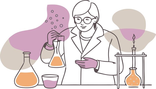 Vector a woman in a lab coat is holding a beaker and looking at it