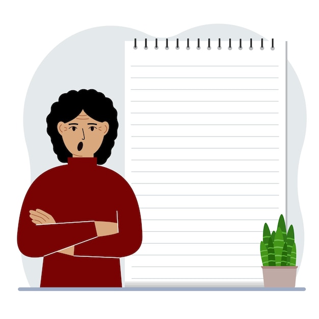 A woman next to a large notepad or large notebook The concept of filling a notebook or notepad writing notes time management planning