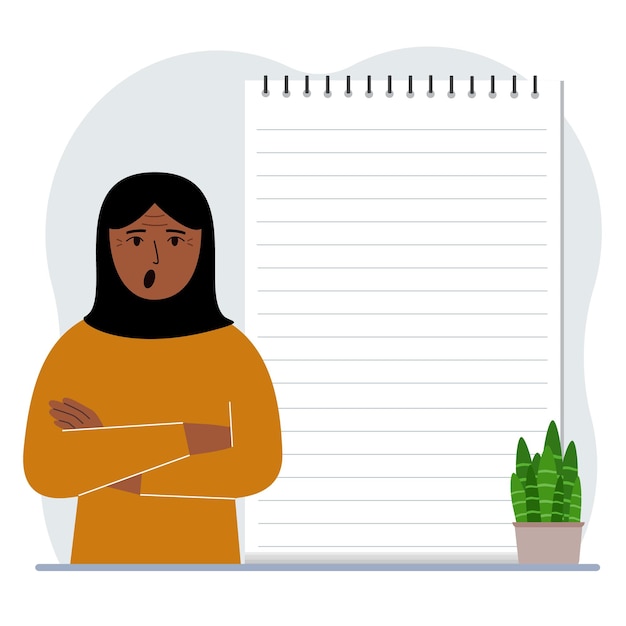 A woman next to a large notepad or large notebook The concept of filling a notebook or notepad writing notes time management planning