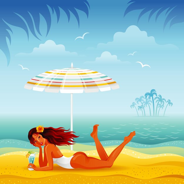 Vector a woman laying on the beach reading a book under an umbrella