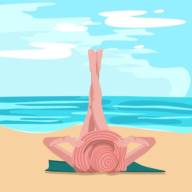 Vector woman laying on the beach summer vacation illustration