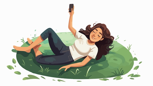 Vector a woman laying on the grass with a phone in her hand