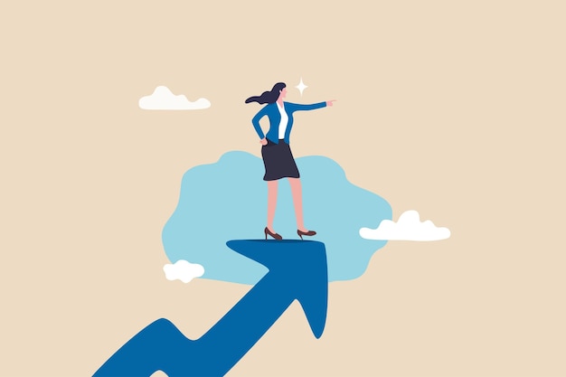 Woman leader success businesswoman or female visionary to lead company lady entrepreneur or feminine leadership concept success businesswoman standing on growth arrow pointing to the bright future