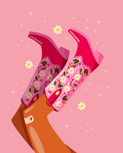 Vector woman legs with cowboy boots decorated with flowers cowgirl with cowboy boots