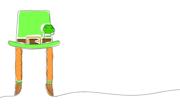 Woman leprechaun hat. Line art illustration with color. Outline, one continuous vector illustration.