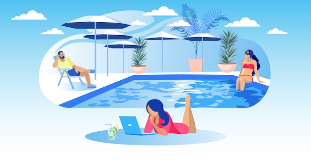 Woman Lies on Pool Background Laptop and Cocktail