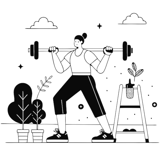 Woman lifting barbell outdoors with plants and clouds Black and white line art illustration