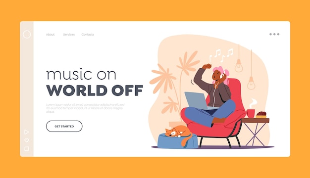 Woman Listen Music Landing Page Template. Young Female Character in Headphones Sit on Armchair Moving Body to Sound Rhythm and Sing Alone at Home, Happy Leisure Sparetime. Cartoon Vector Illustration