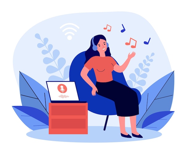 Woman listening to music from laptop in wireless headphones. Girl in chair using music service flat vector illustration. Music, technology concept for banner, website design or landing web page