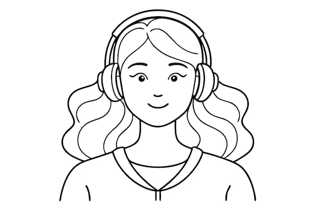 Woman listening music in headphone illustration black and white