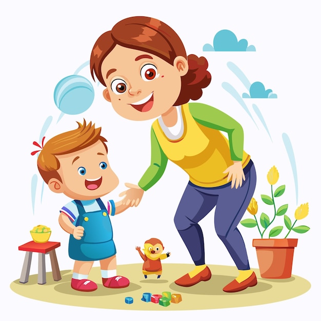 Vector a woman and a little boy are playing together in a room the boy is holding a ball and the woman is smiling