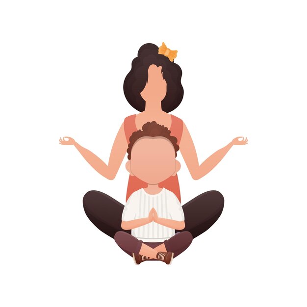 A woman and a little boy are sitting doing meditation Isolated Cartoon style