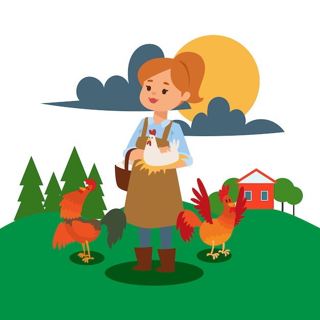 Woman live and work on farm illustration.  