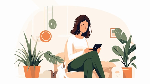 Vector woman in living room looking at her phone