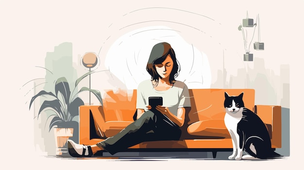 Vector woman in living room looking at her phone