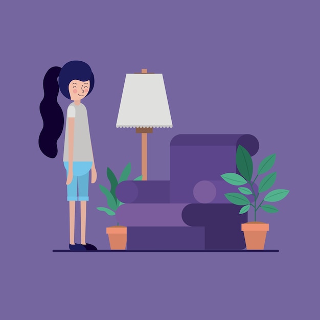 woman in the living room with houseplants and lamp 