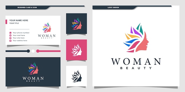 Woman logo with modern circle style and business card design Premium Vecto