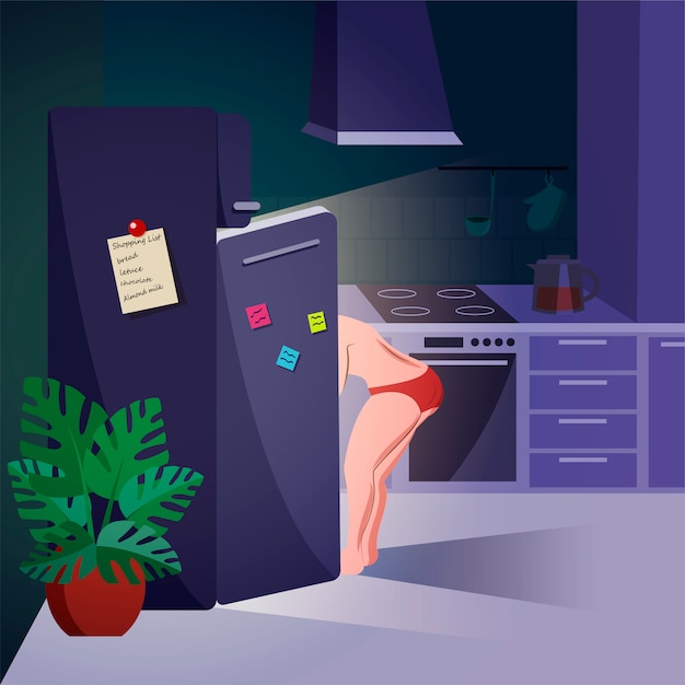 Woman looking in the fridge at night. Nightly overeating, eating disorder and emotional problems concept. Trendy cartoon illustration.