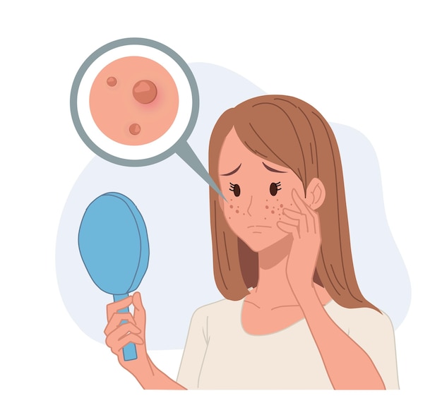 Vector woman looking into mirroracne problemskin problem skin care concept flat vector cartoon character illustration