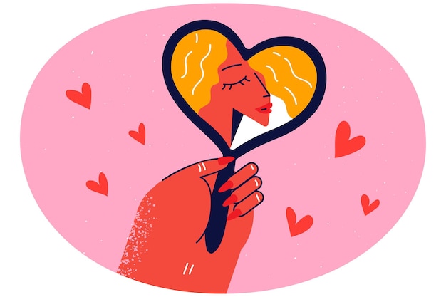 Woman looking in mirror show selflove and selfacceptance Smiling girl demonstrate love and care to inner self Confidence and security Vector illustration