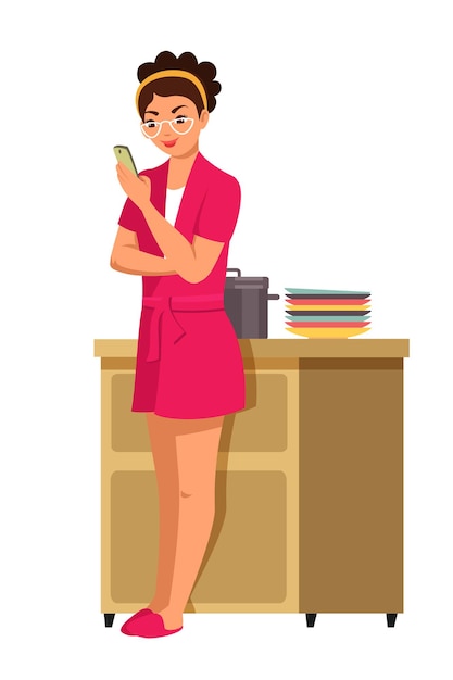 woman looking at mobile phone screen housewife at kitchen watching video or reading on smartphone