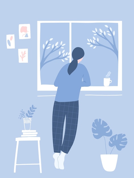 Vector woman looking out of window. cozy room interior with abstract wall art, flowers on stool and monstera plant in pot. blue flat vector illustration.