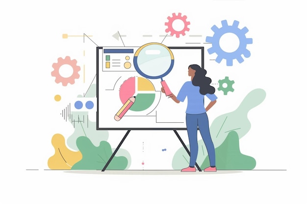 Vector woman looking at whiteboard illustration