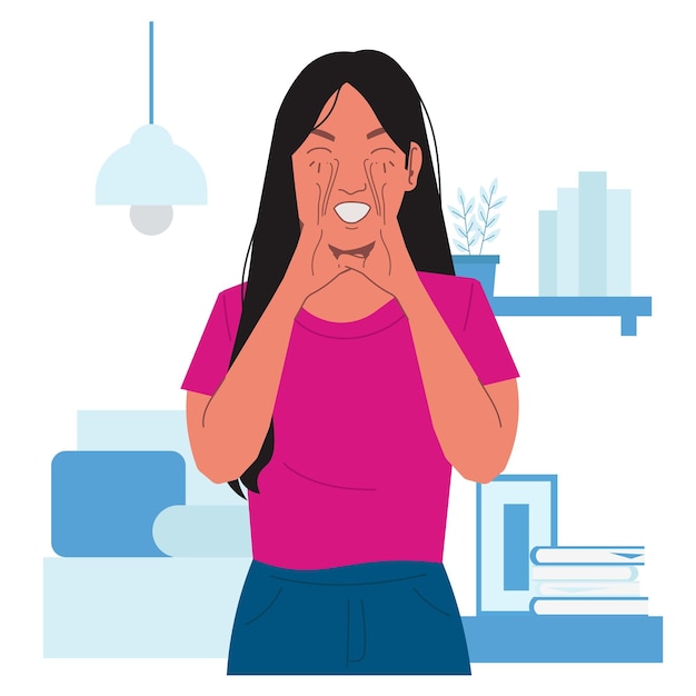 A woman looks excited in flat illustration