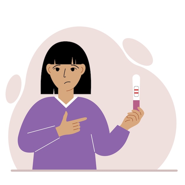 A woman looks sadly at a positive pregnancy test result. Vector flat illustration