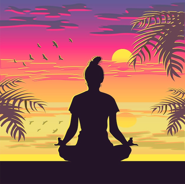 Woman in lotus asana silhouette Beach sunset