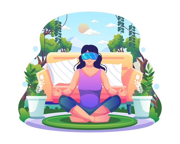 A woman in lotus posture with VR headset practices yoga and meditation in nature simulation at home