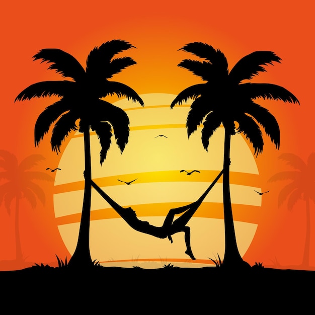 Woman Lying In Hammock tied with coconut tree silhouette at evening flat vector Illustration