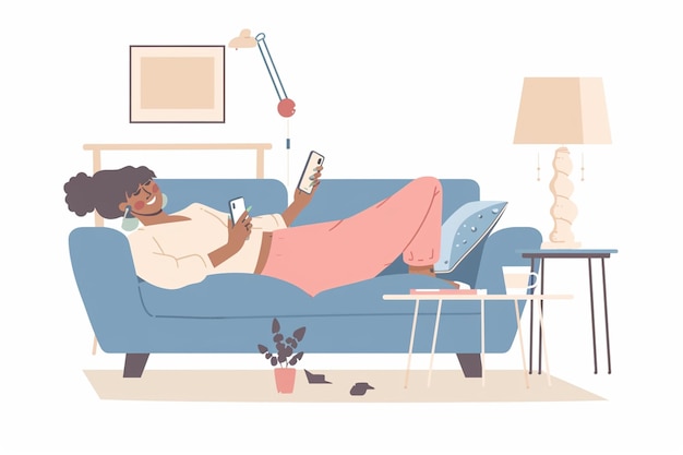 Woman Lying on Sofa Using Mobile Phone