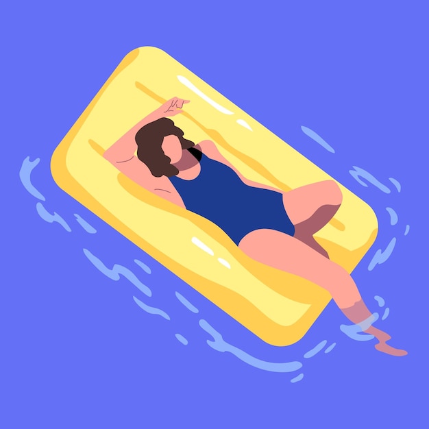 Woman lying swimming on inflatable rubber mattress in water pool sunbathing and relaxing Girl in swimsuit swimwear resting in sea on summer holiday overhead above view Flat vector illustration