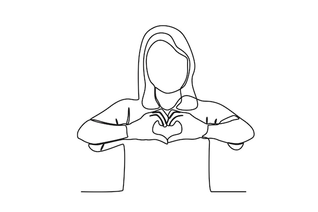 A woman makes a heart pose with her hands World heart day oneline drawing