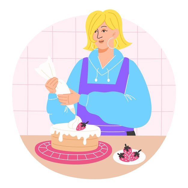 Vector woman makes a strawberry cake at home