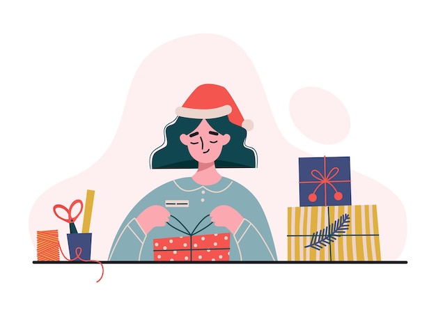 Vector woman making and packing gifts. woman wrapping boxes with decorative paper. male packing presents for christmas. flat illustration.