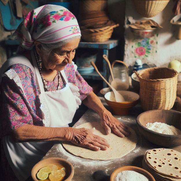 Vector a woman making pizza dough with a floral print on the front