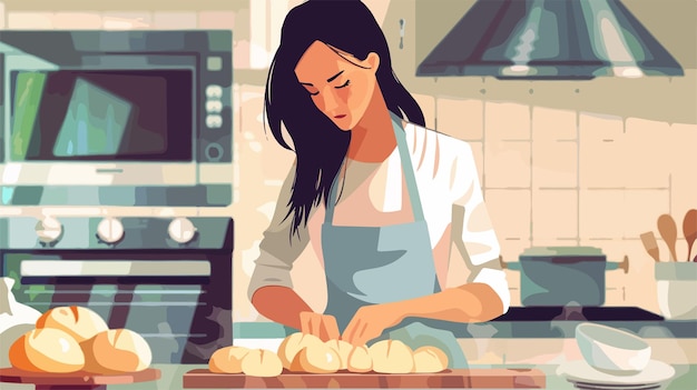 Vector woman making tasty garlic bread in kitchen closeup