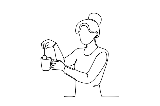 A woman making tea Morning activities oneline drawing