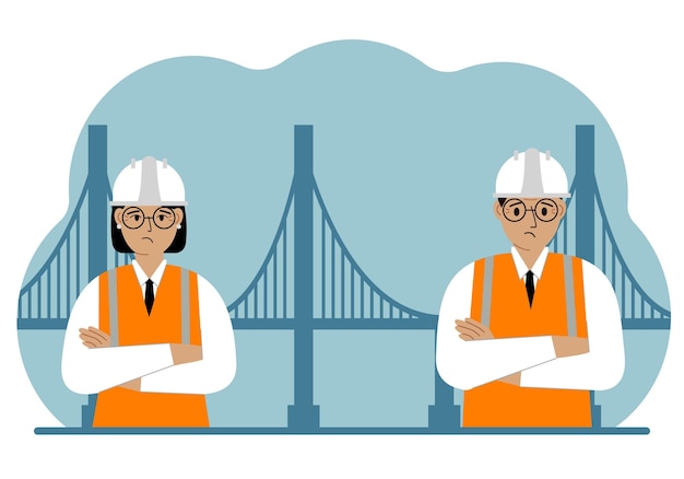 Woman and man civil engineers next to the bridge The concept of civil engineering and construction